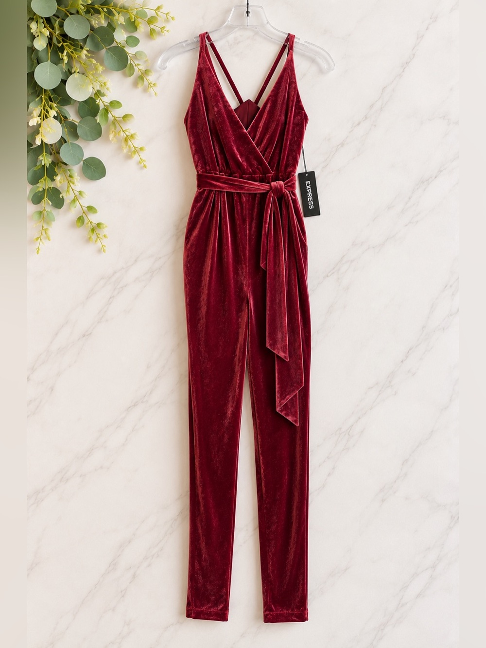 Express NWT Burgundy Velvet Wrap Jumpsuit Belted Size 4 Holiday Festive